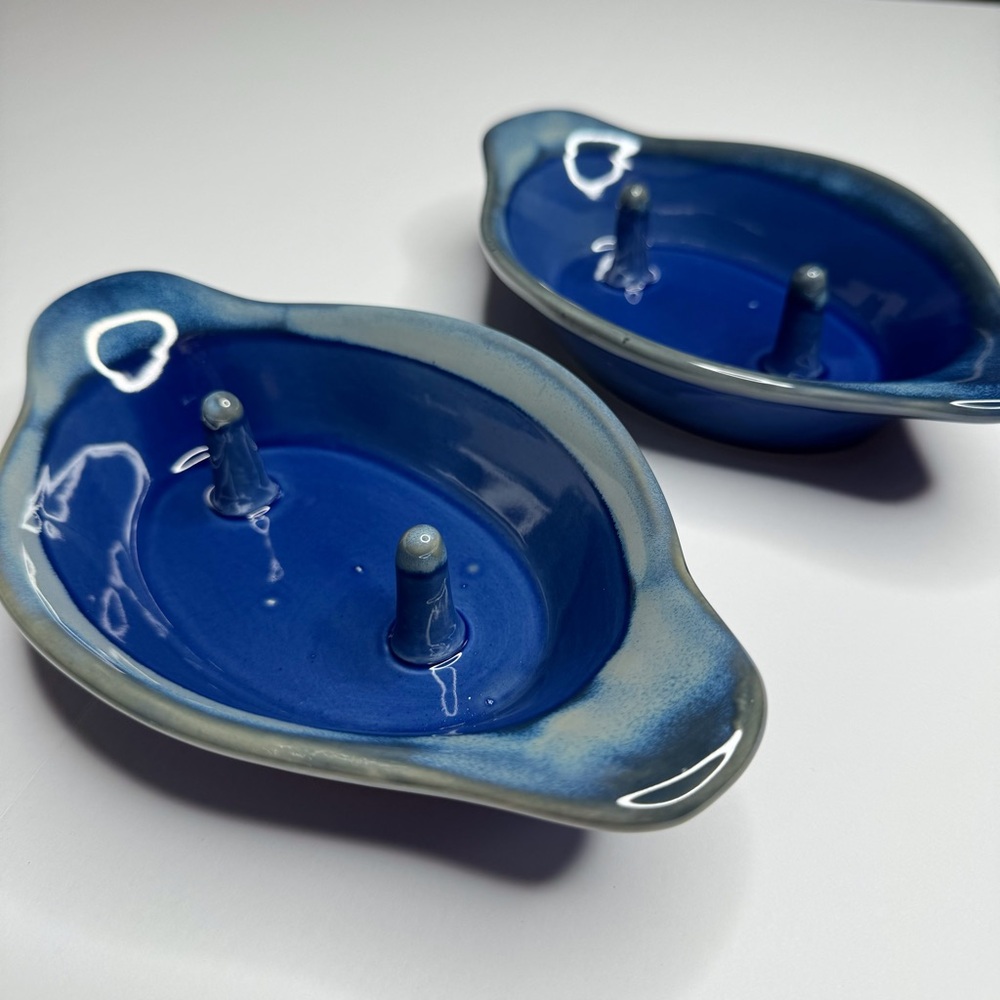 Set of 2 Ceramic Clay Baked Potato Cooker Holder Blue Speckle Glaze Farmcore - Picture 2 of 11